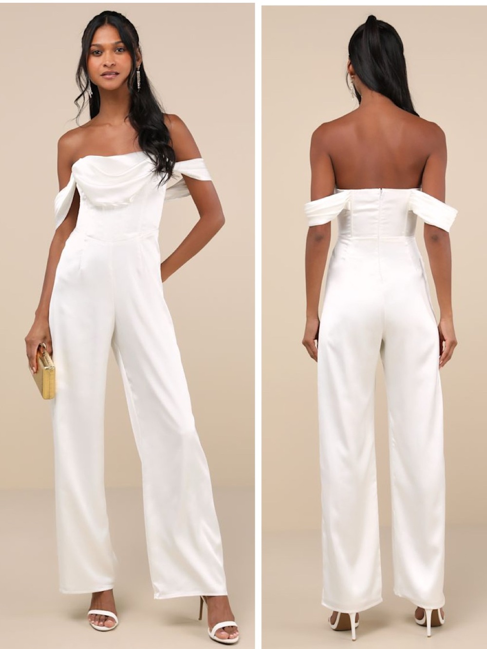 Lulus Unbelievable Aura White Satin Off-the-Shoulder Jumpsuit Size Large Bridal